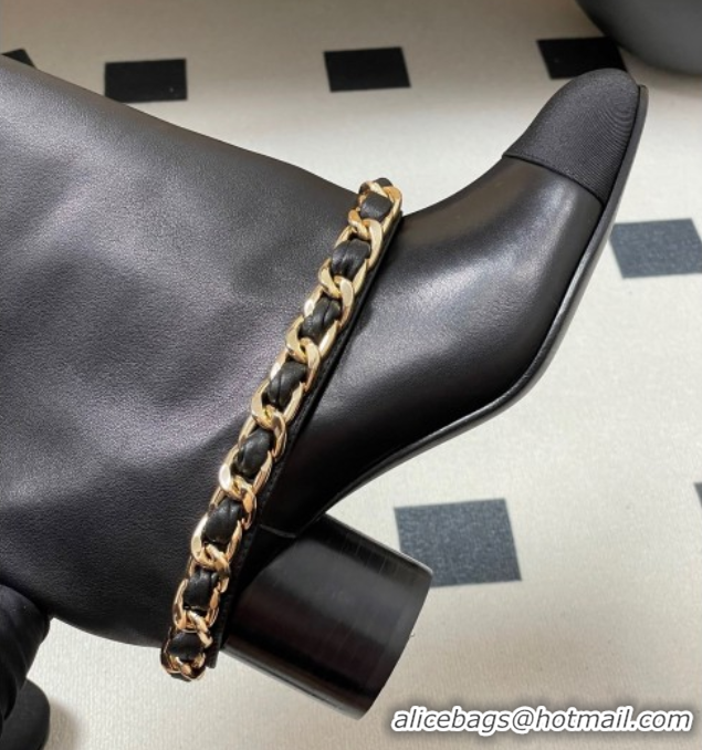Good Quality Chanel Calfskin Leather & Grosgrain Heel Ankle Boots 6cm with Foldover and Chain Black 2025 CH071517