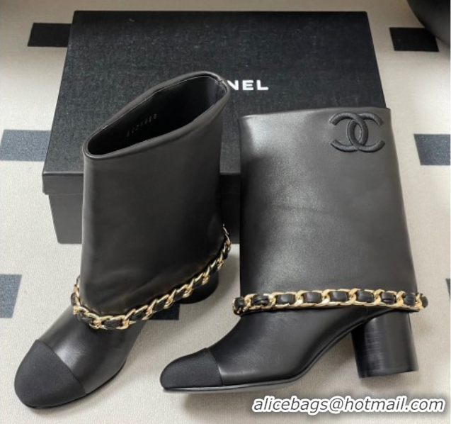 Good Quality Chanel Calfskin Leather & Grosgrain Heel Ankle Boots 6cm with Foldover and Chain Black 2025 CH071517