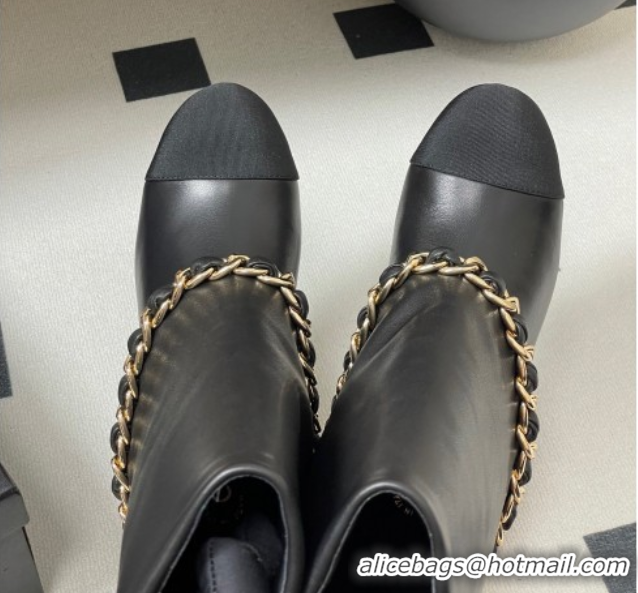 Good Quality Chanel Calfskin Leather & Grosgrain Heel Ankle Boots 6cm with Foldover and Chain Black 2025 CH071517