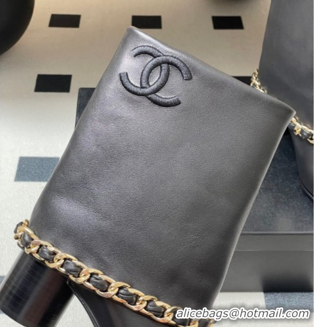 Good Quality Chanel Calfskin Leather & Grosgrain Heel Ankle Boots 6cm with Foldover and Chain Black 2025 CH071517