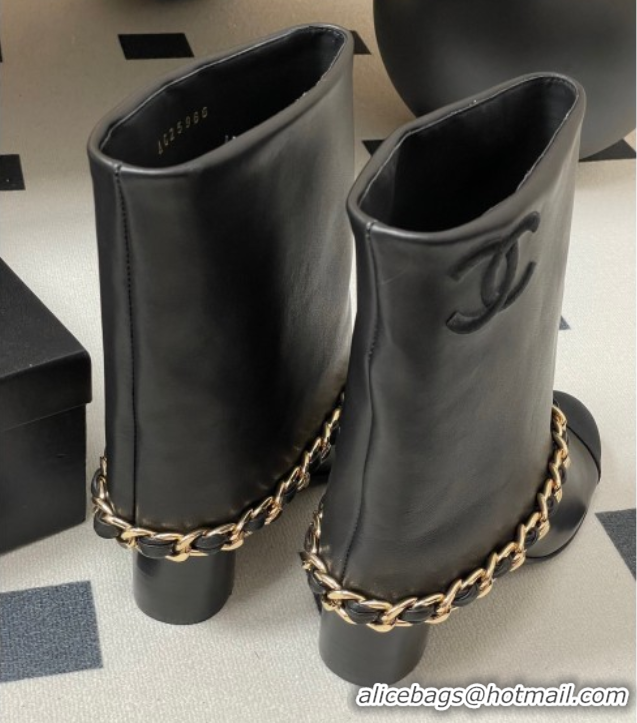 Good Quality Chanel Calfskin Leather & Grosgrain Heel Ankle Boots 6cm with Foldover and Chain Black 2025 CH071517