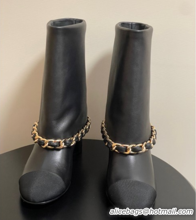 Good Quality Chanel Calfskin Leather & Grosgrain Heel Ankle Boots 6cm with Foldover and Chain Black 2025 CH071517