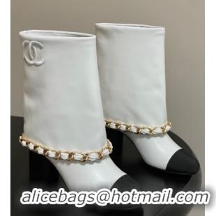Good Product Chanel Calfskin Leather & Grosgrain Heel Ankle Boots 6cm with Foldover and Chain White 2025 CH071517