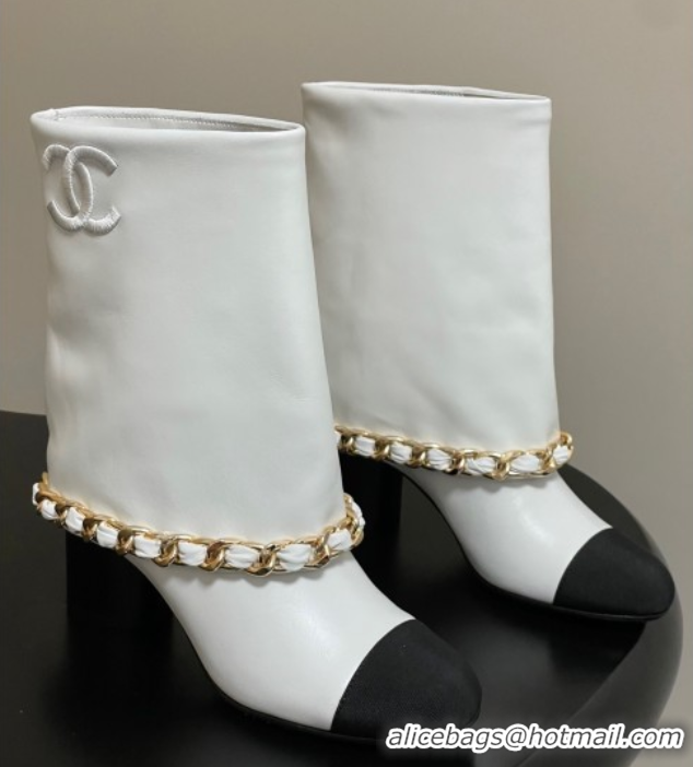 Good Product Chanel Calfskin Leather & Grosgrain Heel Ankle Boots 6cm with Foldover and Chain White 2025 CH071517