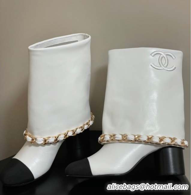 Good Product Chanel Calfskin Leather & Grosgrain Heel Ankle Boots 6cm with Foldover and Chain White 2025 CH071517