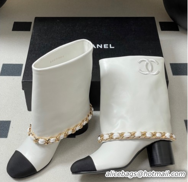Good Product Chanel Calfskin Leather & Grosgrain Heel Ankle Boots 6cm with Foldover and Chain White 2025 CH071517