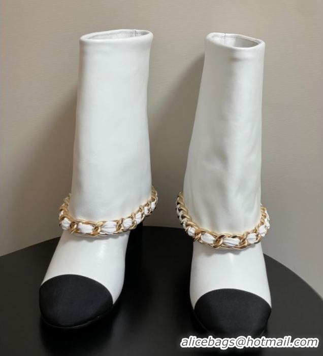 Good Product Chanel Calfskin Leather & Grosgrain Heel Ankle Boots 6cm with Foldover and Chain White 2025 CH071517