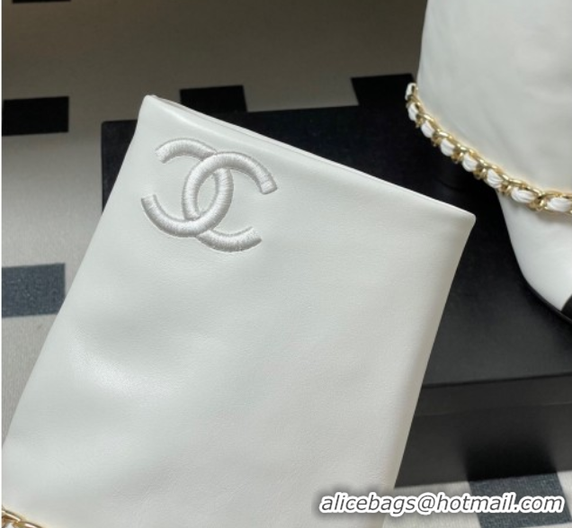 Good Product Chanel Calfskin Leather & Grosgrain Heel Ankle Boots 6cm with Foldover and Chain White 2025 CH071517
