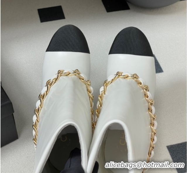 Good Product Chanel Calfskin Leather & Grosgrain Heel Ankle Boots 6cm with Foldover and Chain White 2025 CH071517