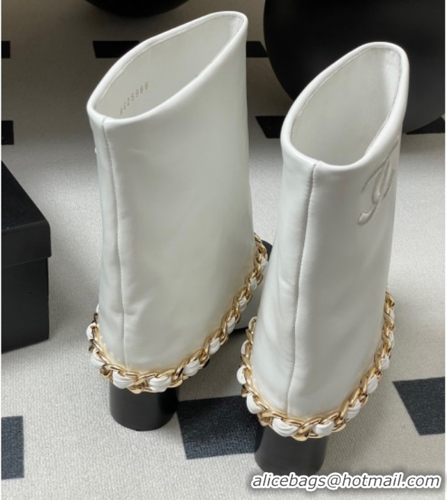 Good Product Chanel Calfskin Leather & Grosgrain Heel Ankle Boots 6cm with Foldover and Chain White 2025 CH071517
