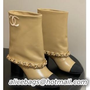 Duplicate Chanel Calfskin Leather & Grosgrain Heel Ankle Boots 6cm with Foldover and Chain Yellow 2025 CH071517
