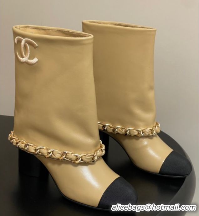 Duplicate Chanel Calfskin Leather & Grosgrain Heel Ankle Boots 6cm with Foldover and Chain Yellow 2025 CH071517