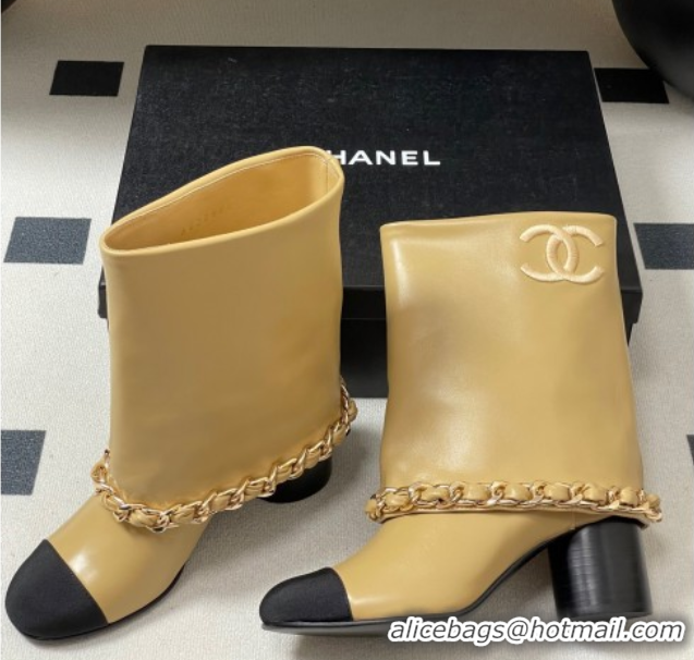 Duplicate Chanel Calfskin Leather & Grosgrain Heel Ankle Boots 6cm with Foldover and Chain Yellow 2025 CH071517