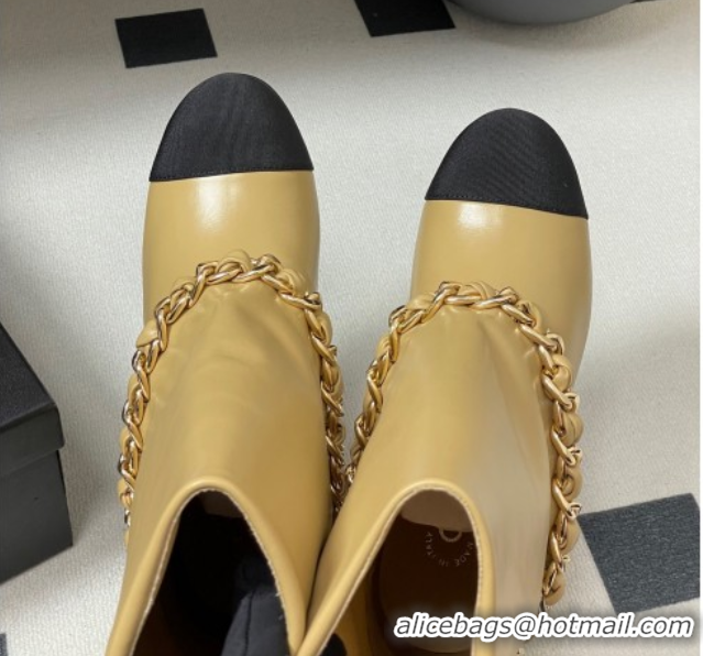 Duplicate Chanel Calfskin Leather & Grosgrain Heel Ankle Boots 6cm with Foldover and Chain Yellow 2025 CH071517