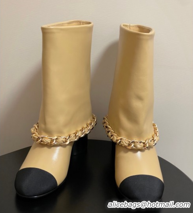 Duplicate Chanel Calfskin Leather & Grosgrain Heel Ankle Boots 6cm with Foldover and Chain Yellow 2025 CH071517