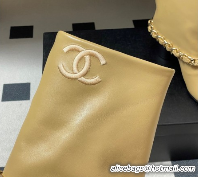 Duplicate Chanel Calfskin Leather & Grosgrain Heel Ankle Boots 6cm with Foldover and Chain Yellow 2025 CH071517