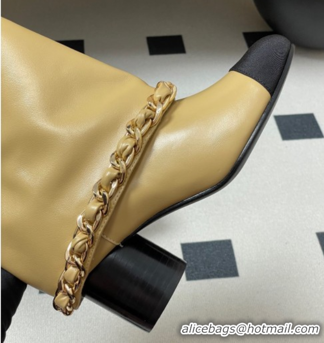 Duplicate Chanel Calfskin Leather & Grosgrain Heel Ankle Boots 6cm with Foldover and Chain Yellow 2025 CH071517