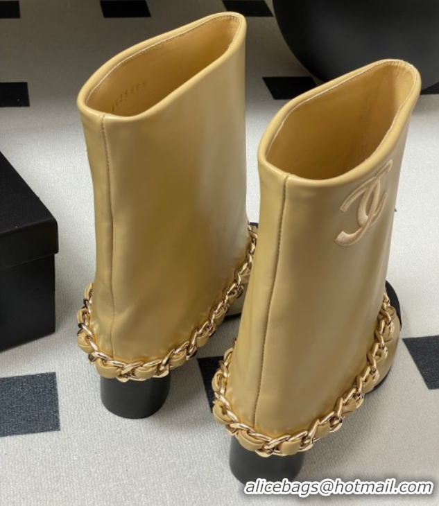 Duplicate Chanel Calfskin Leather & Grosgrain Heel Ankle Boots 6cm with Foldover and Chain Yellow 2025 CH071517