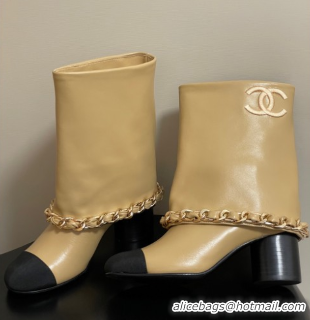 Duplicate Chanel Calfskin Leather & Grosgrain Heel Ankle Boots 6cm with Foldover and Chain Yellow 2025 CH071517