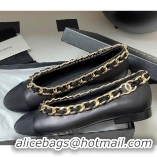 Hot Style Chanel Lambskin & Grosgrain Ballet Flats with Chain Black 2025 CH071518