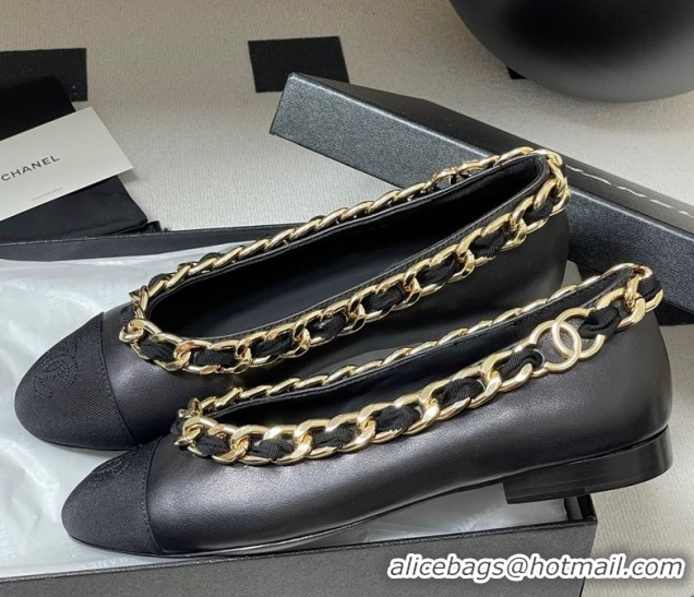 Hot Style Chanel Lambskin & Grosgrain Ballet Flats with Chain Black 2025 CH071518