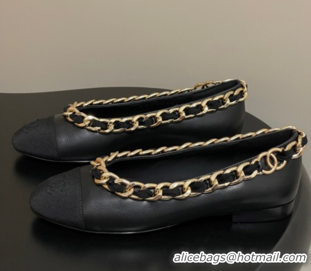 Hot Style Chanel Lambskin & Grosgrain Ballet Flats with Chain Black 2025 CH071518
