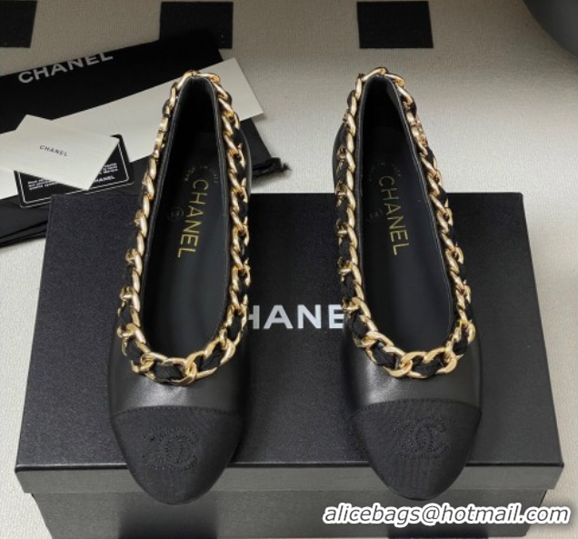 Hot Style Chanel Lambskin & Grosgrain Ballet Flats with Chain Black 2025 CH071518