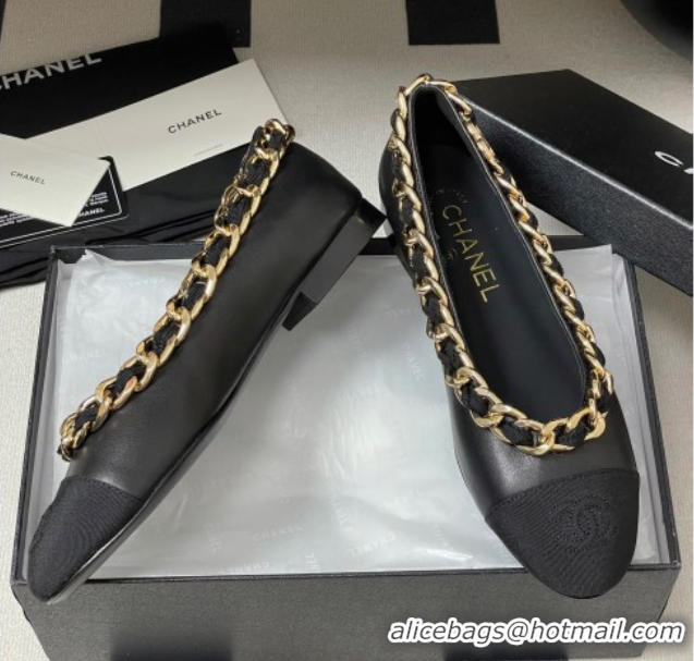 Hot Style Chanel Lambskin & Grosgrain Ballet Flats with Chain Black 2025 CH071518