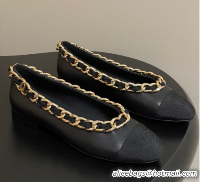 Hot Style Chanel Lambskin & Grosgrain Ballet Flats with Chain Black 2025 CH071518