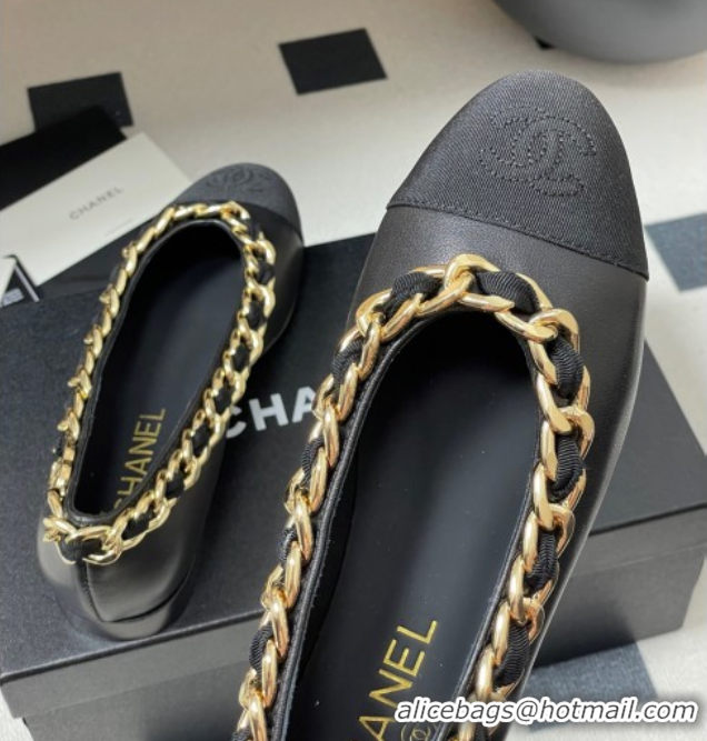 Hot Style Chanel Lambskin & Grosgrain Ballet Flats with Chain Black 2025 CH071518