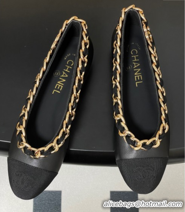 Hot Style Chanel Lambskin & Grosgrain Ballet Flats with Chain Black 2025 CH071518
