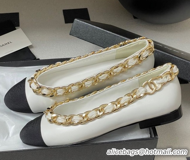 Sumptuous Chanel Lambskin & Grosgrain Ballet Flats with Chain White 2025 CH071518