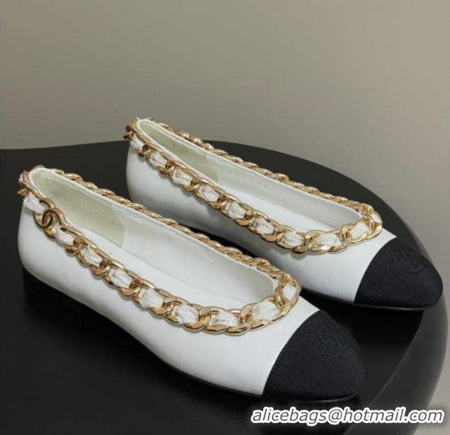 Sumptuous Chanel Lambskin & Grosgrain Ballet Flats with Chain White 2025 CH071518