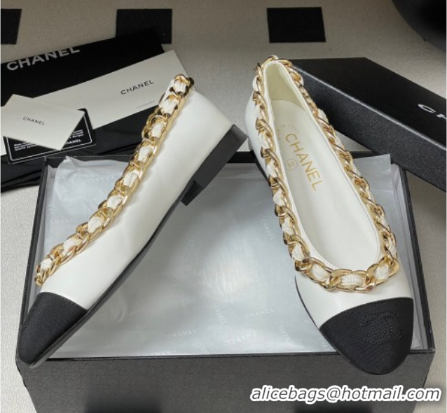 Sumptuous Chanel Lambskin & Grosgrain Ballet Flats with Chain White 2025 CH071518