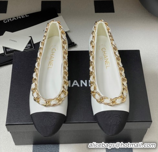 Sumptuous Chanel Lambskin & Grosgrain Ballet Flats with Chain White 2025 CH071518