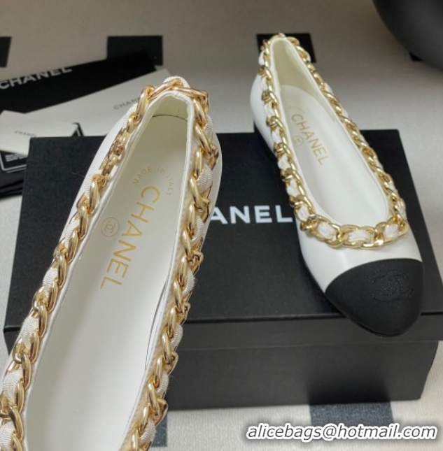Sumptuous Chanel Lambskin & Grosgrain Ballet Flats with Chain White 2025 CH071518