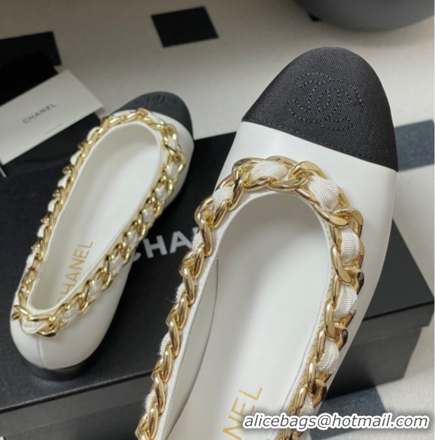 Sumptuous Chanel Lambskin & Grosgrain Ballet Flats with Chain White 2025 CH071518