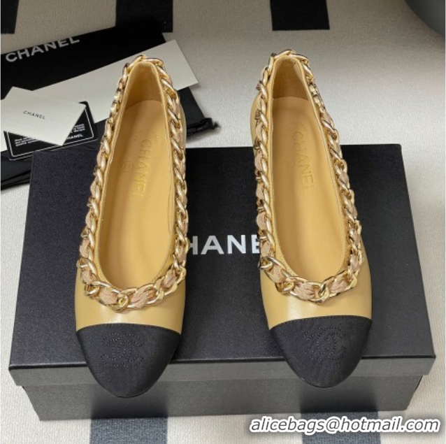 Cheap Price Chanel Lambskin & Grosgrain Ballet Flats with Chain Yellow 2025 CH071518