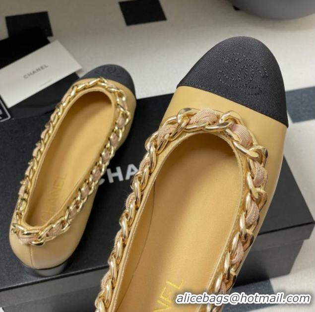 Cheap Price Chanel Lambskin & Grosgrain Ballet Flats with Chain Yellow 2025 CH071518