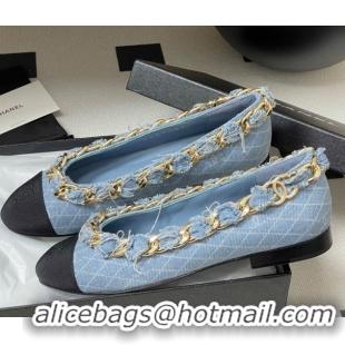 Popular Style Chanel Denim & Grosgrain Ballet Flats with Chain Light Blue 2025 CH071518