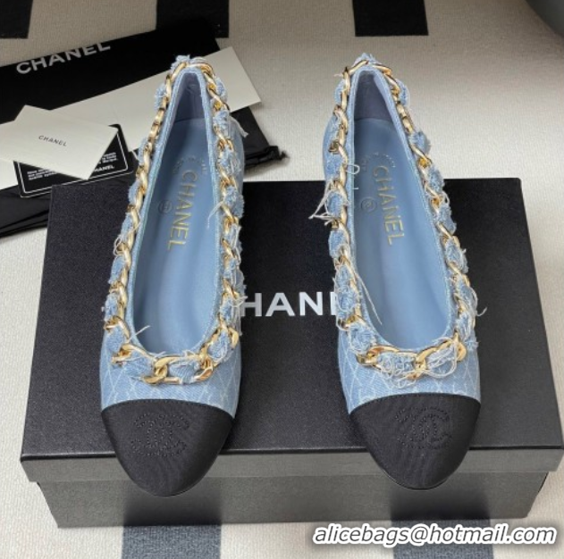 Popular Style Chanel Denim & Grosgrain Ballet Flats with Chain Light Blue 2025 CH071518