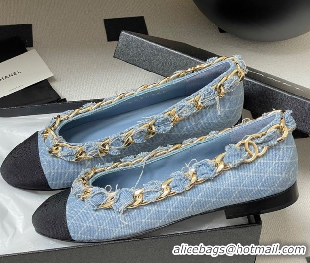 Popular Style Chanel Denim & Grosgrain Ballet Flats with Chain Light Blue 2025 CH071518