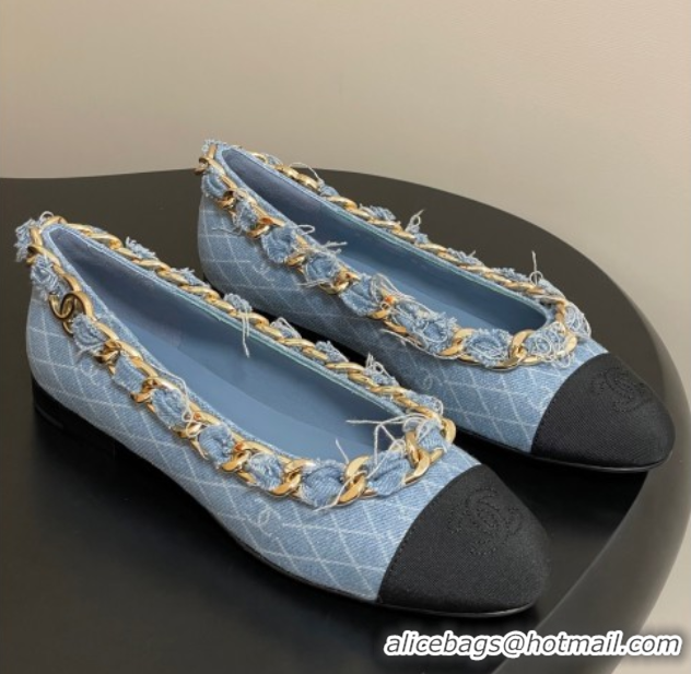 Popular Style Chanel Denim & Grosgrain Ballet Flats with Chain Light Blue 2025 CH071518
