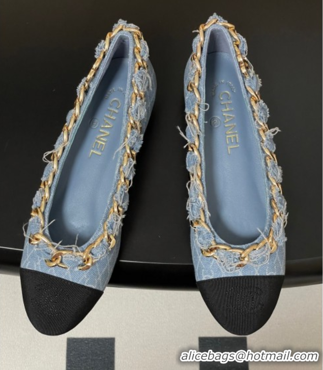 Popular Style Chanel Denim & Grosgrain Ballet Flats with Chain Light Blue 2025 CH071518