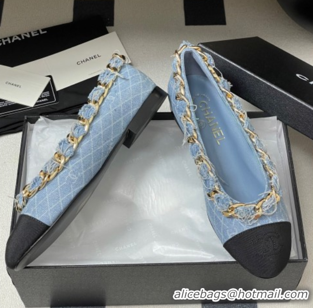 Popular Style Chanel Denim & Grosgrain Ballet Flats with Chain Light Blue 2025 CH071518