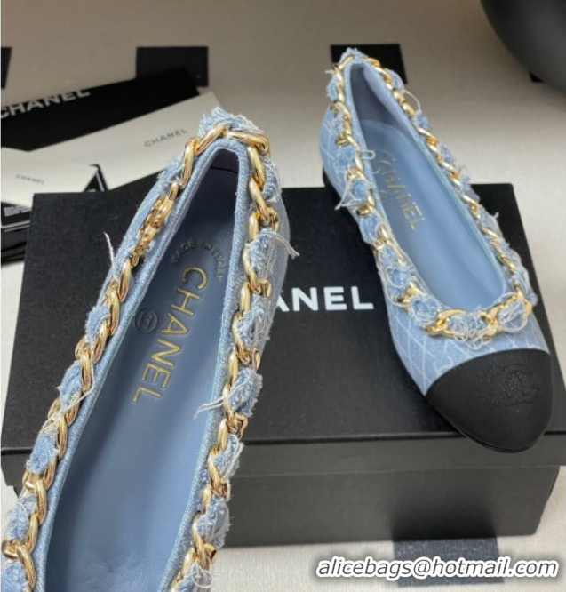 Popular Style Chanel Denim & Grosgrain Ballet Flats with Chain Light Blue 2025 CH071518