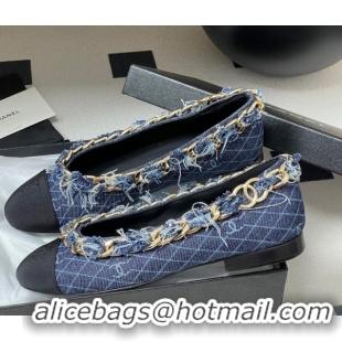 Shop Duplicate Chanel Denim & Grosgrain Ballet Flats with Chain Navy Blue 2025 CH071518
