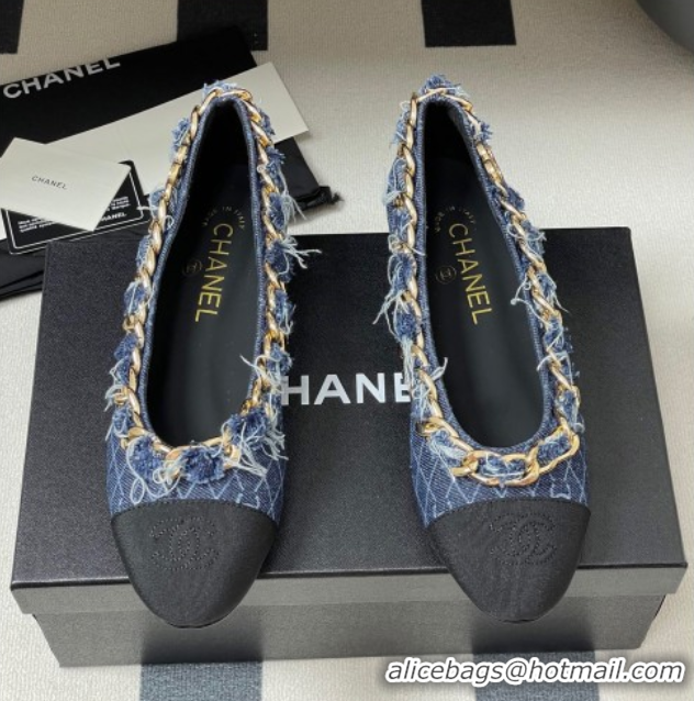 Shop Duplicate Chanel Denim & Grosgrain Ballet Flats with Chain Navy Blue 2025 CH071518