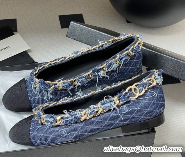 Shop Duplicate Chanel Denim & Grosgrain Ballet Flats with Chain Navy Blue 2025 CH071518