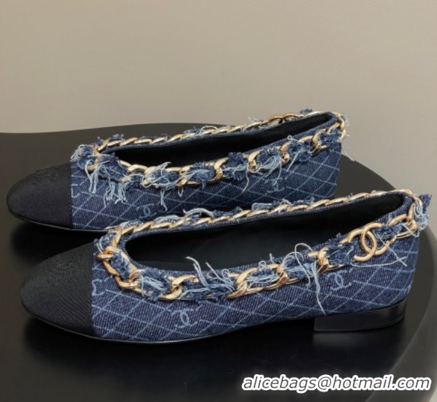 Shop Duplicate Chanel Denim & Grosgrain Ballet Flats with Chain Navy Blue 2025 CH071518